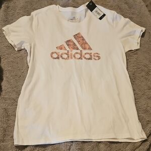 Adidas White Tee with Distressed Pink Logo